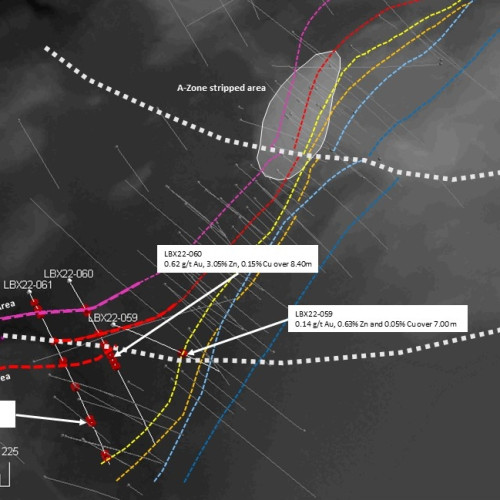 Figure 1: Surface interpretation of the mineralized horizons and veins with LBX22-059, LBX22-060 and LBX22-061 key intercepts