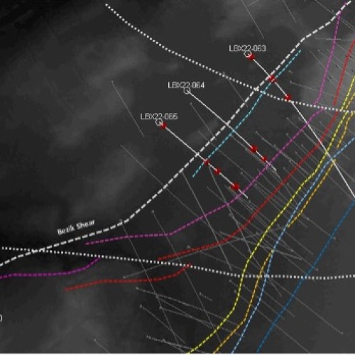 Figure 1: Surface interpretation of the mineralized horizons and veins with LBX22-063, LBX22-064 and LBX22-065 key intercepts