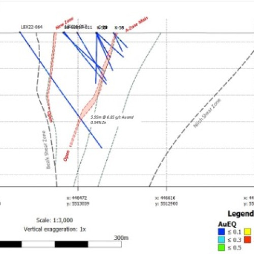 Figure 3: Schematic section along LBX22-064 showing main intercepts