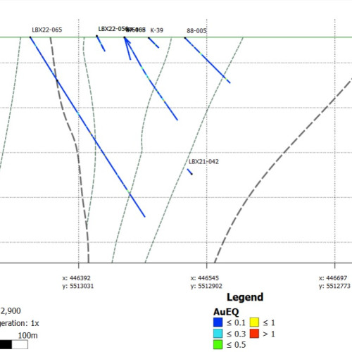 Figure 4: Schematic section along LBX22-065 showing main intercepts