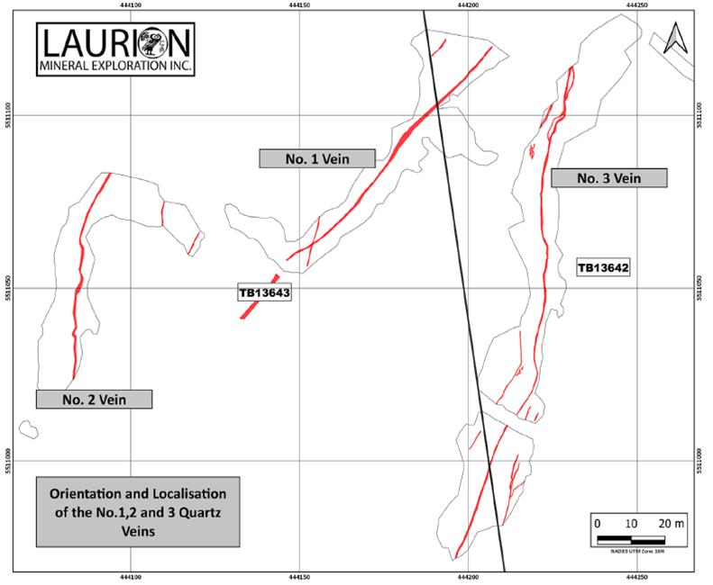 The Nos. 1, 2 and 3 Quartz Veins of the historic Sturgeon Mine showing their N-E trends and positions at the Ishkoday Project.